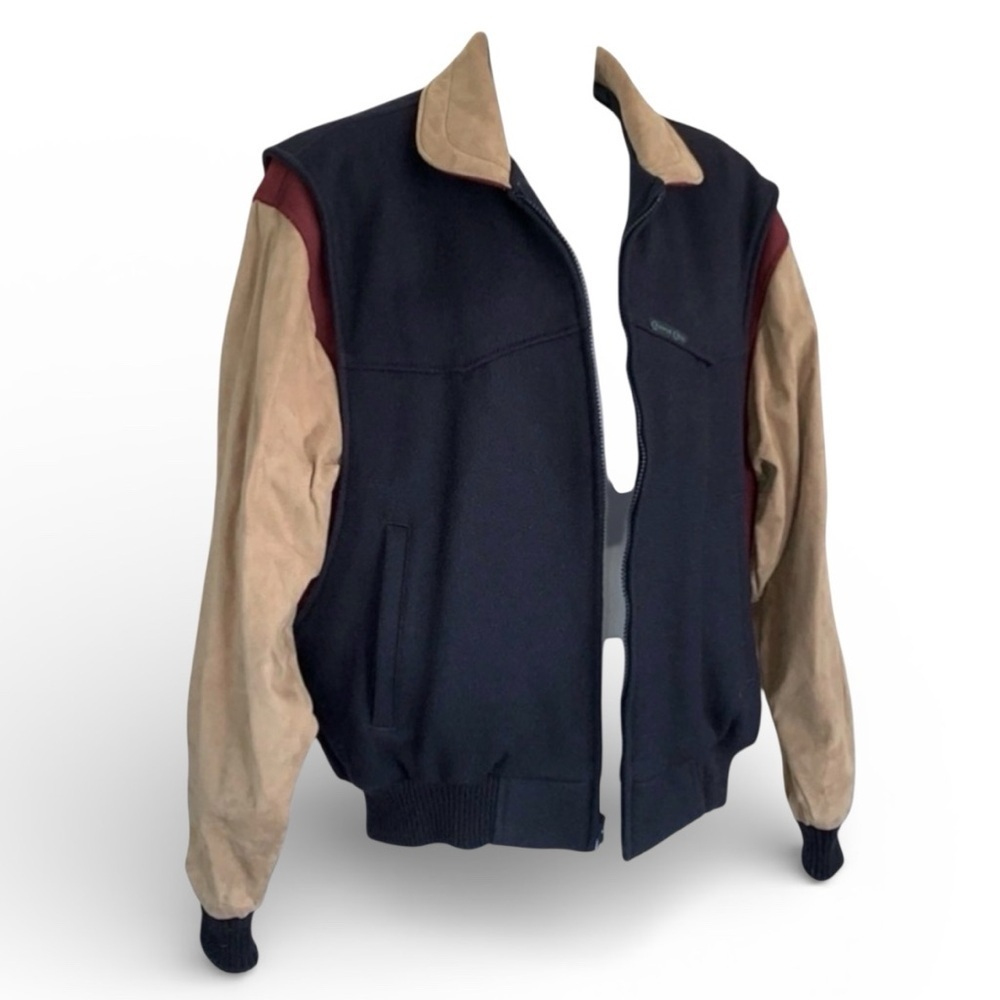 Cripple Creek jacket Men's M navy wool/tan faux suede, Western arena, zips, EUC